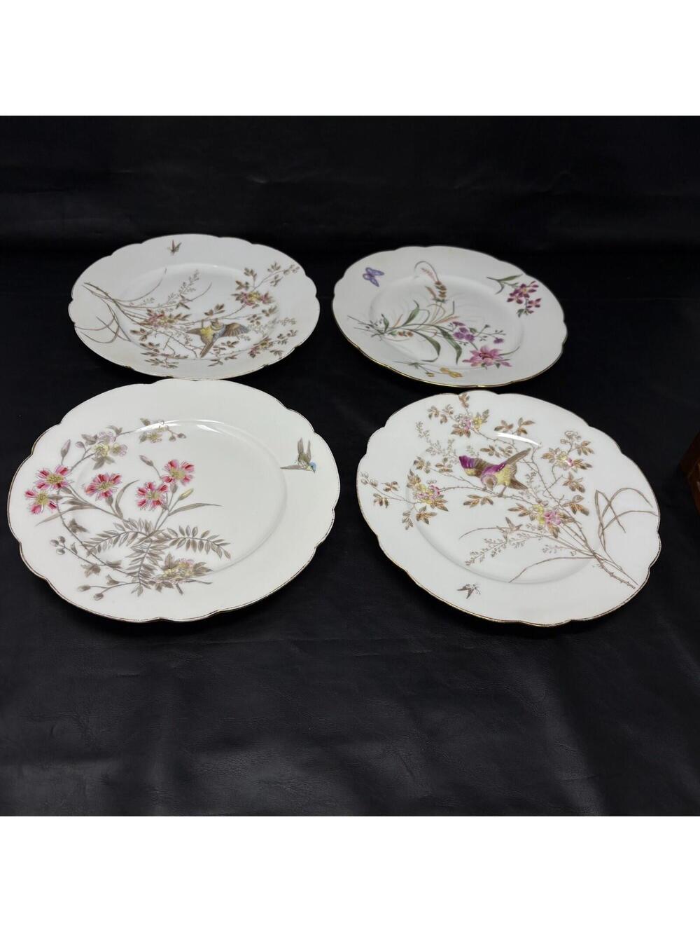 Set of 4 Limoges Scalloped 8 1/4" Salad Plates Birds Butterflies Hand Painted